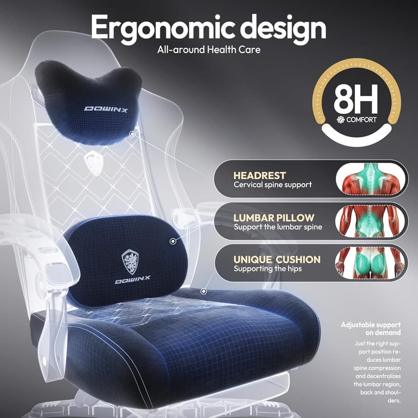 Dowinx Fabric Gaming Chair with Heated Massage Lumbar Support, Computer Game Chairs for Adults, Big and Tall Gamer Chair with Pocket Spring Cushion and Footrest, Recliner Gaming Chairs for Adult,Black