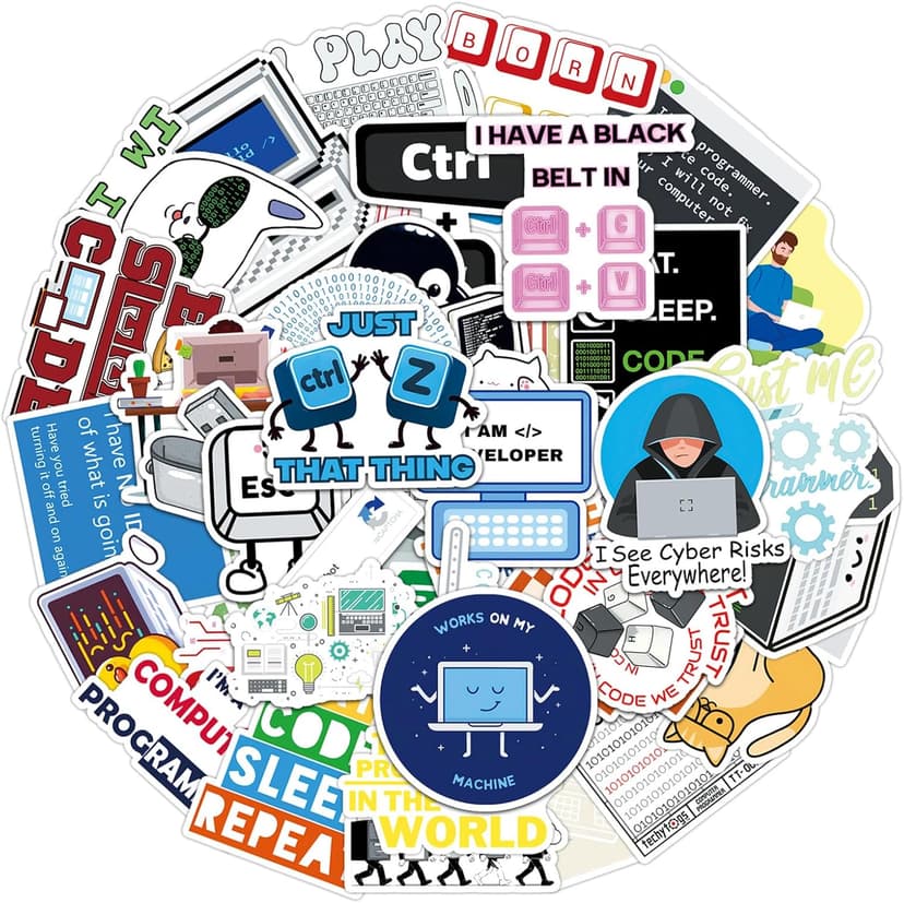 50Pcs Programmer Stickers Funny Programming Coding Vinyl Decals for Laptop Water Bottles Journals Developers IT Students Tech Lovers Computer Desks and Software Engineers