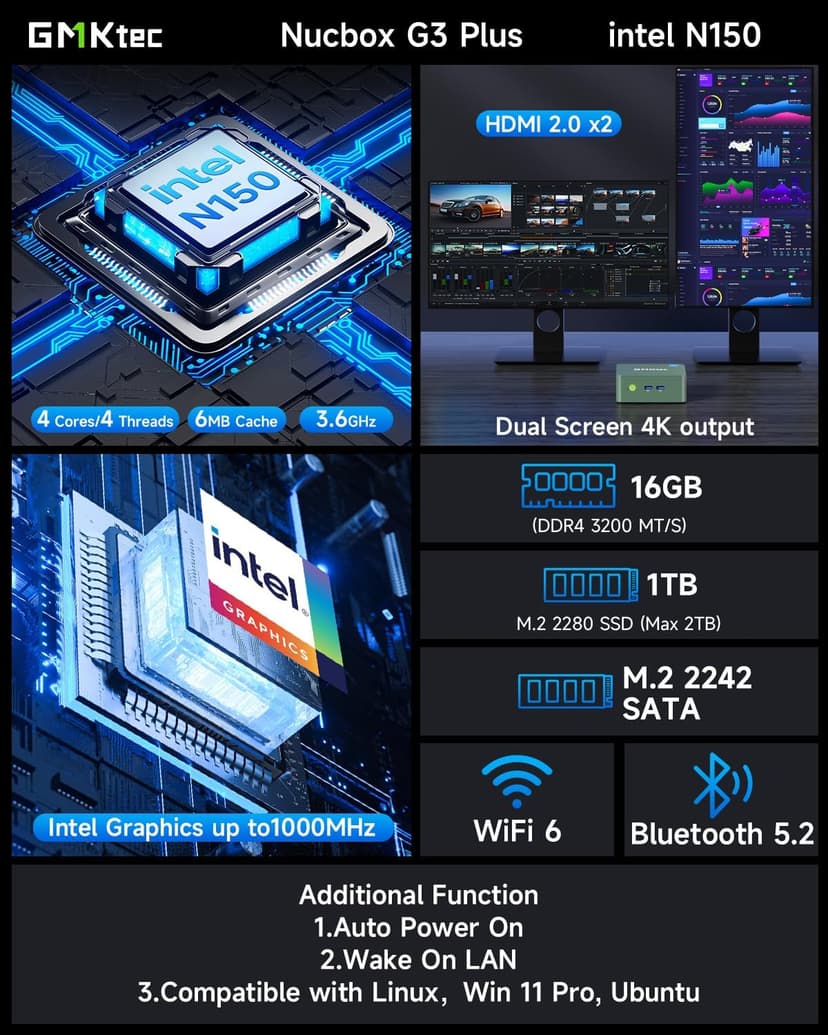 GMKtec Mini PC N150, G3 Plus Intel Twin Lake N150 (3.4GHz), 16GB DDR4 RAM 1TB PCIe M.2 SSD, Desktop Computer 4K Dual HDMI/USB3.2/WiFi 6/BT5.2/2.5G RJ45