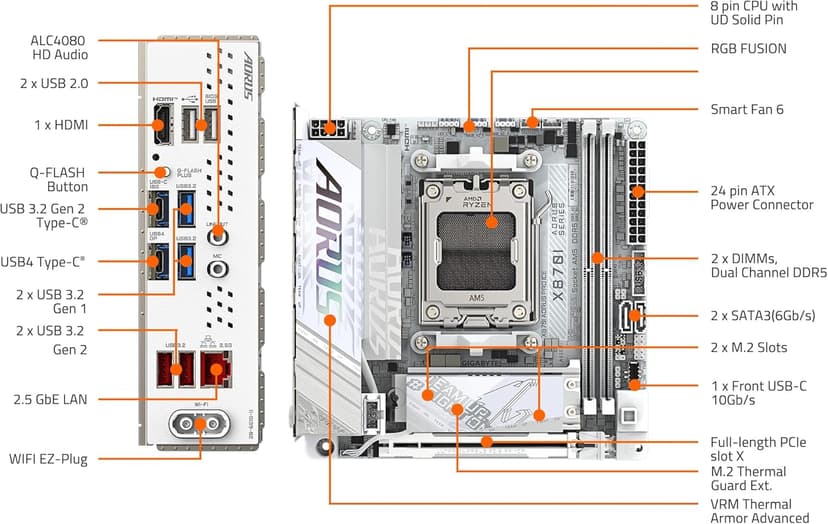 GIGABYTE X870I AORUS PRO ICE AMD AM5 LGA 1718 Motherboard, Mini-ITX, DDR5, 2X M.2, PCIe 5.0, USB-C, WIFI7, 2.5GbE LAN, EZ-Latch, 5-Year Warranty