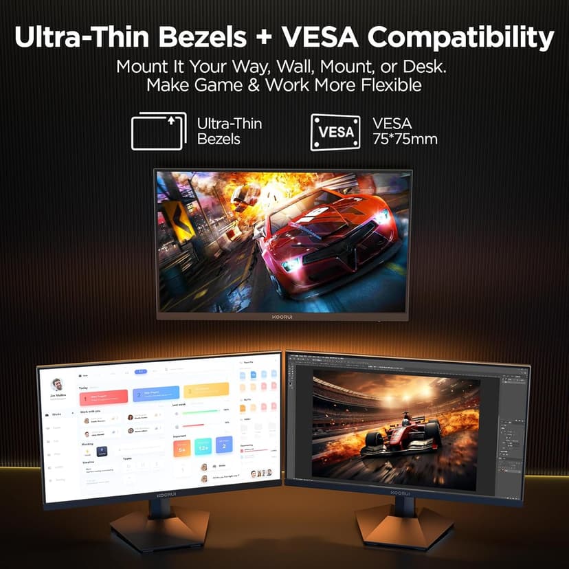 KOORUI Gaming Monitor, 24" Fast IPS Computer Monitor, 200Hz FHD HDR400 Display, 1ms PC Screen, 90% DCI-P3 Color Gamut, Adaptive Sync, Ultra Slim Frame, VESA Mountable, HDMI 2.0, DP 1.4, G2411P