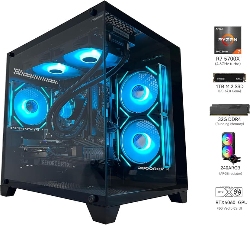 Gaming PC Desktop Computer, Ryzen 7 5700X,RTX 4060,32GB DDR4 RAM and 1TB M.2 NVMe SSD, 240 Liquid Cooler, ARGB Fans,Game Design Office (R7 5700X / RTX 4060 / 32GB DDR4 / 1TB SSD)