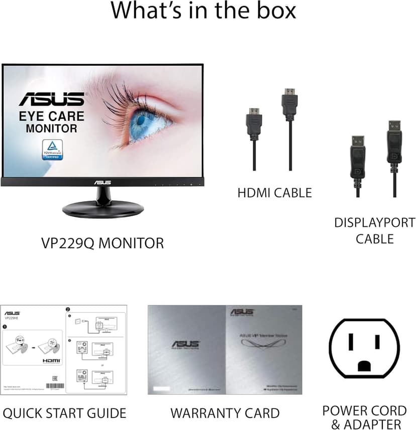 ASUS VP229Q 21.5” Monitor, 1080P Full HD, 75Hz, IPS, FreeSync/Adaptive-Sync, Eye Care, HDMI DisplayPort VGA, Frameless, VESA Wall Mountable BLACK