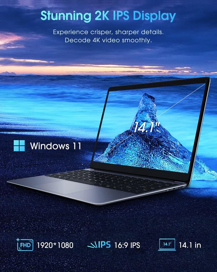 CHUWI HeroBook Pro 14.1'' Laptop, 256GB SSD 8GB RAM, Windows 11 Laptops, 2TB SSD Expand, Intel Celeron N4020(up to 2.8GHz), 2K FHD IPS Display, Ultra Slim, Mini-HDMI, 5G WiFi, USB3.0, Webcam,TF Card