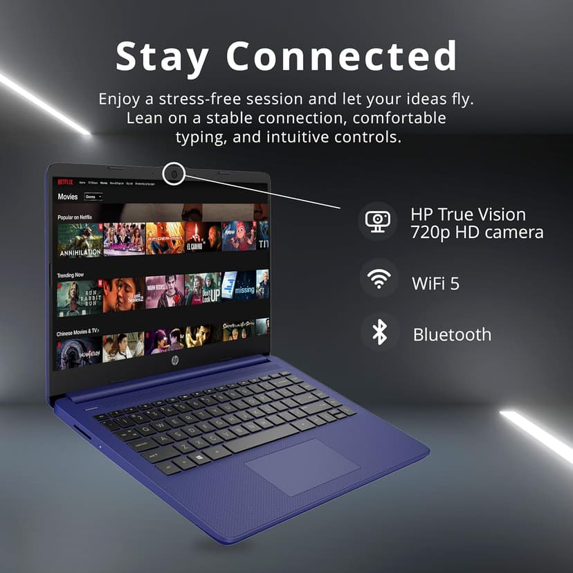 HP Premium Stream 14" HD BrightView Laptop, Intel Celeron N4120, 16GB RAM, 64GB eMMC Storage, HD Webcam, UHD Graphics, 1 Year Office 365, Bluetooth, WiFi, HDMI, Win 11s, Blue, 32GB Hotface USB Card