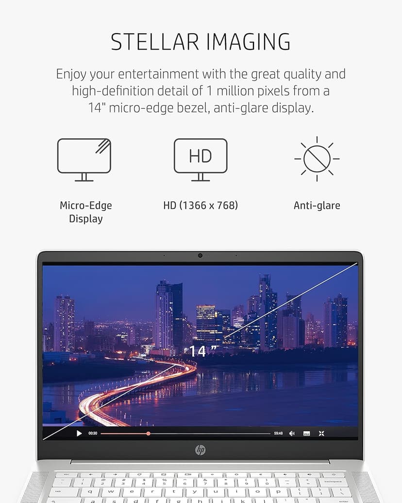 HP Chromebook 14 Laptop, Intel Celeron N4000 Processor, 4 GB RAM, 32 GB eMMC, 14” HD Display, Chrome, Lightweight Computer with Webcam and Dual Mics, Home, School, Music, Movies (14a-na0021nr, 2021)