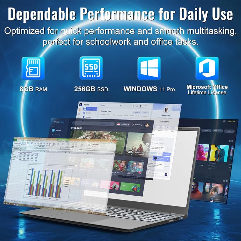 2025 Laptop Computer 15 15.6 Inch FHD, Windows 11 Pro with MS Office for School College Students Business, 8GB RAM, 256GB SSD, Dual-Core Intel Celeron(Up to 2.6GHz), Wi-Fi, Bluetooth, USB 3.2, Gray