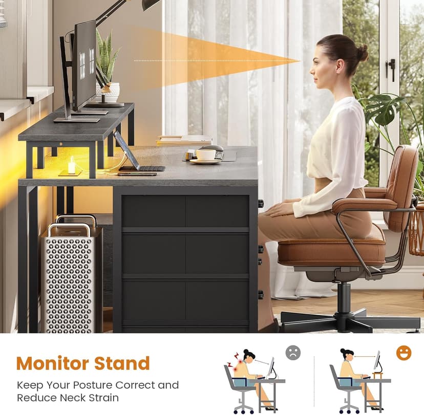 SEDETA 75'' Computer Desk with 5 Drawer, Power Outlet & Led Lights, Home Office Desk with File Drawer, Storage Shelves, Printer Cabinet and Monitor Shelf, 23.6" W Large Desktop Gaming Desk, Grey