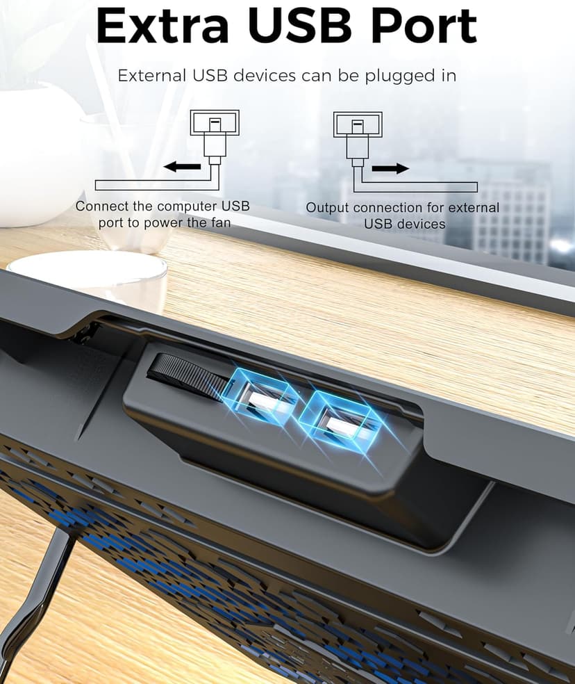 AICHESON Laptop Cooling Pad 5 Fans Up to 17.3 Inch Heavy Notebook Cooler, Blue LED Lights, 2 USB Ports, S035, Blue-5fans