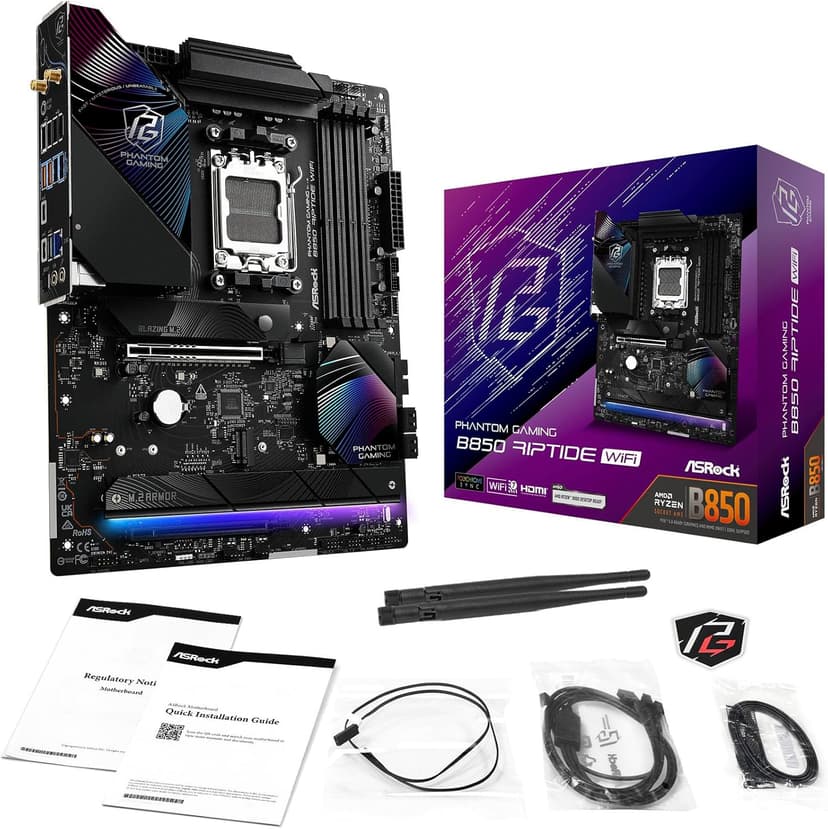 ASRock AMD B850 Phantom Gaming Riptide WiFi 7 Socket AM5 Ryzen 9000/8000/7000 Series DDR5 8000+ (OC) MHz 256GB ATX Motherboard M.2 SATA3 6.0 Gb/s PCIe 5.0