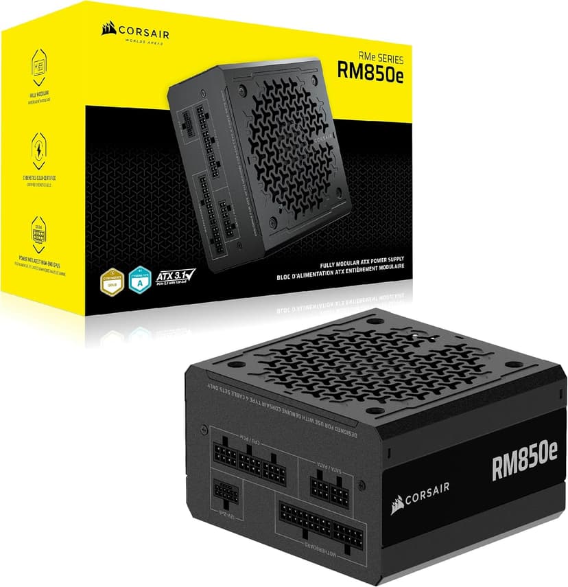 CORSAIR RM850e (2025) Fully Modular Low-Noise ATX Power Supply with 12V-2x6 Cable – ATX 3.1 & PCIe 5.1 Compliant, Cybenetics Gold Efficiency, 105°C-Rated Capacitors, Modern Standby Mode – Black