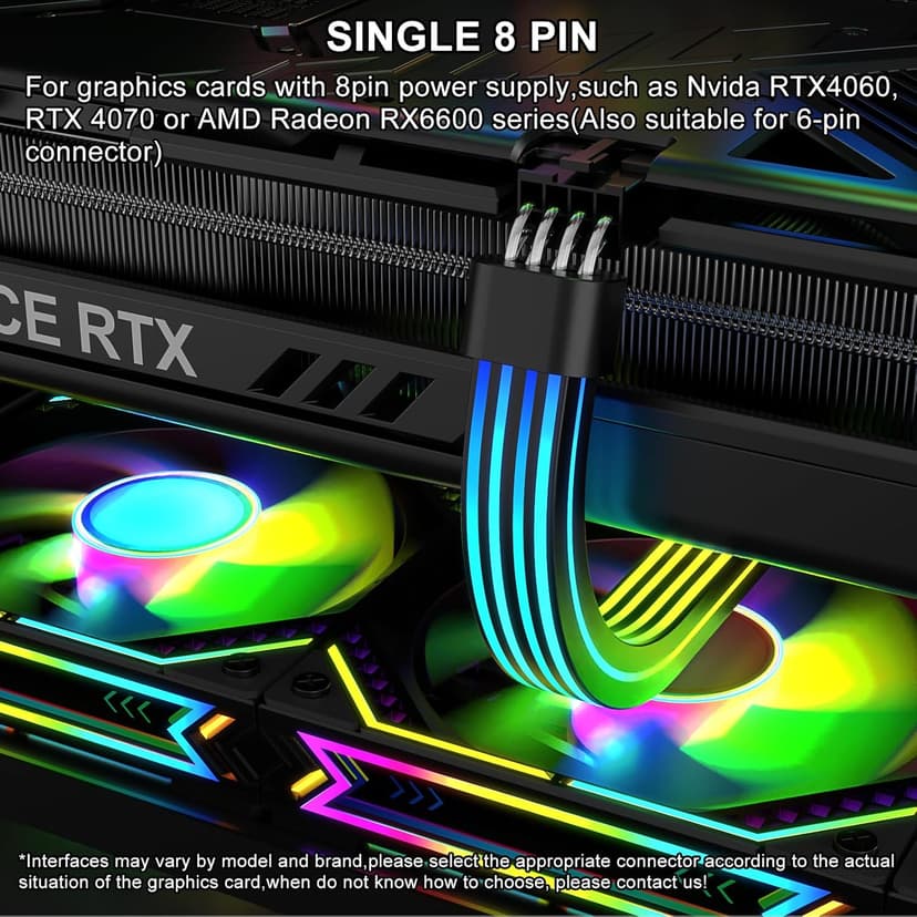 Sirlyr RGB 8 Pin PCIE Cable,Bright ARGB GPU Cables Extension for RTX 3060 4060 4070 Radeon RX 6600 580 Graphics Card Power Supply 5V3Pin PC Case Accessory Black