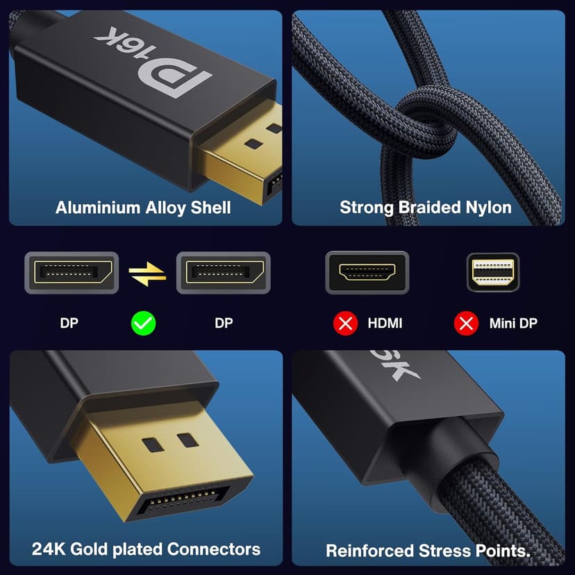 IVANKY 16K VESA Certified Displayport Cable 2.1, DP Cord [16K@60Hz,8K@120Hz,4K@240Hz], 80Gbps Display Port 2.1/2.0 Cable Support HDR10,HDCP,DSC 1.2a, Compatible Gaming Monitor, TV, Graphics(6.6ft)