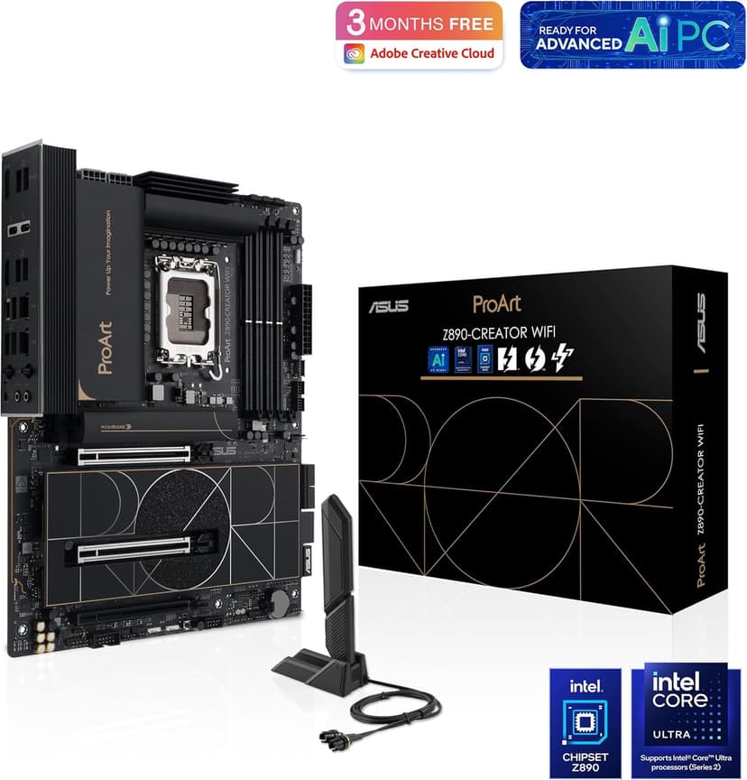 ASUS ProArt Z890-CREATOR WIFI Z890 LGA 1851 ATX Motherboard, Intel® Core™ Ultra Processor Series 2 Ready, 16+2+1+2 stages, PCIe® 5.0, DDR5, Thunderbolt™ 5 Type-C®, 10+2.5 Gb LAN, WiFi 7, 5x M.2, AI OC