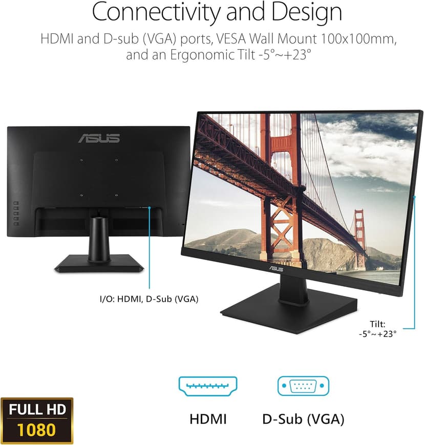 ASUS VA27EHE 27” Eye Care Monitor Full HD (1920 x 1080) IPS 75Hz Adaptive-Sync HDMI D-Sub Frameless,Black