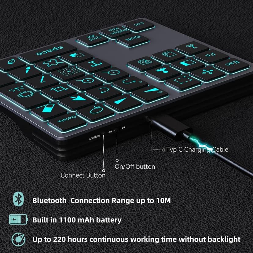 Doohoeek Bluetooth Shortcut Keyboard for Adobe Photoshop for PC Computer, Desktop, iPad & MacBook, PS Shortcut Hotkeys Keypad Rechargeable with 7-Color Backlit Key for MacOS, iOS & Windows