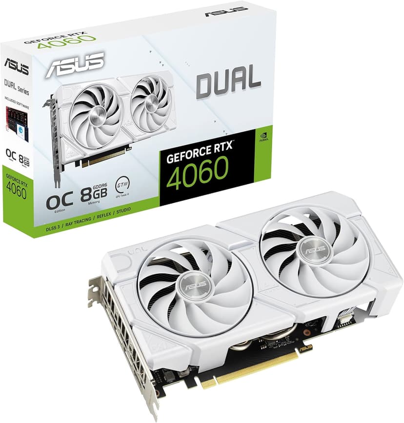 ASUS Dual GeForce RTX™ 4060 EVO White OC Edition 8GB GDDR6 (PCIe 4.0, 8GB GDDR6, DLSS 3, HDMI 2.1a, DisplayPort 1.4a, Axial-tech Fan Design, 0dB Technology, Dual BIOS, Auto-Extreme Tech)