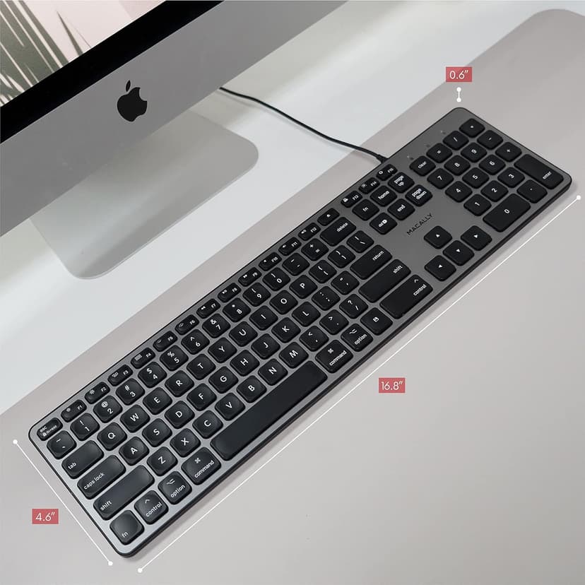 Macally Backlit Mac Keyboard - Quiet, Sleek, and Functional - 3 Brightness Levels, 107 Keys, 5ft USB Wired - Apple Keyboard - Backlit Wired for Mac, iMac, MacBook Pro/Air - Space Gray