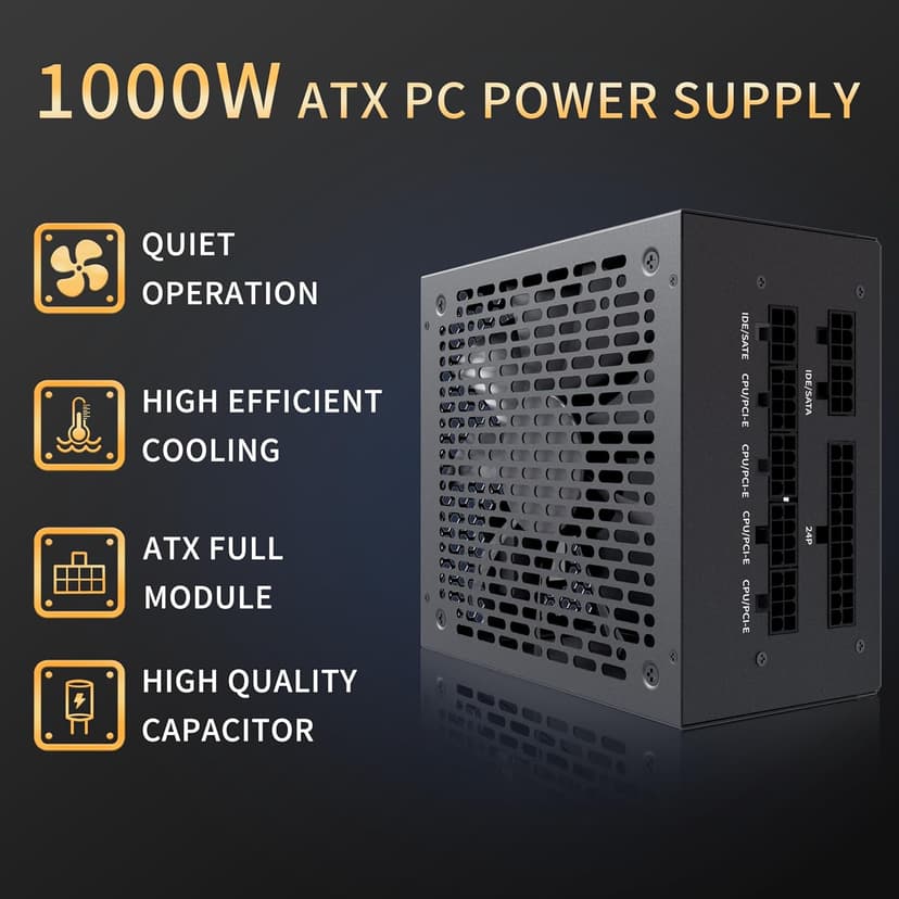 MUSETEX PC Power Supply 1000W, Full Modular ATX Power Supply, Multi Connectors Computer Power Supplies, 140mm Ultra Quiet Cooling Fan, PC PSU, Black (MU1000)