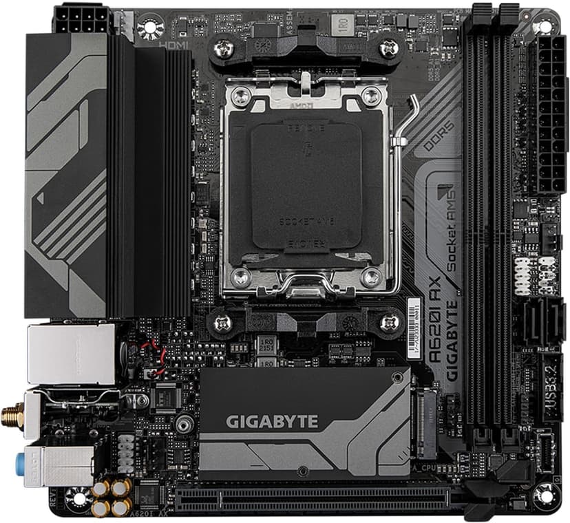 GIGABYTE A620I AX (AM5/ LGA 1718/ AMD/ A620/ Mini-ITX/ 5-Year Warranty/ DDR5/ Single M.2/ PCIe 4.0/ USB 3.2 Gen1 Type-C/Realtek Wi-Fi 6E/ Realtek 2.5GbE/ Q-Flash Plus/PCIe EZ-Latch/Motherboard)