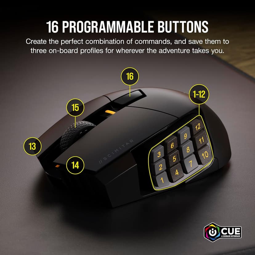 CORSAIR SCIMITAR ELITE RGB WIRELESS MMO Gaming Mouse - 26,000 DPI - 16 Programmable Buttons - Up to 150hrs Battery - iCUE Compatible - Black