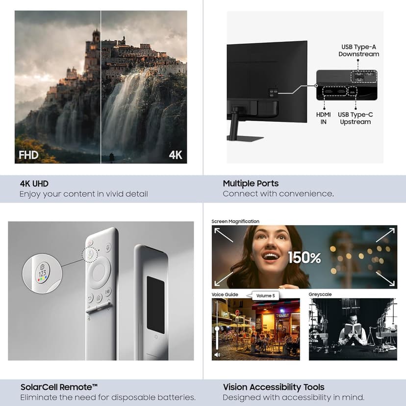 SAMSUNG 32-Inch M7 (M70D) Series 4K UHD Smart Monitor with Streaming TV, Speakers, HDR10, USB-C, Multiple Ports, Gaming Hub, SolarCell Remote, Vision Accessibility Tools, LS32DM702UNXGO, 2024, Black