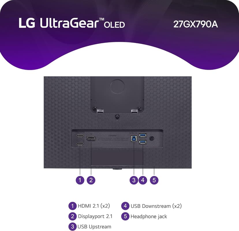 LG 27GX790A-B 27-inch Ultragear OLED Gaming Monitor QHD 1440p 480Hz, 0.03ms, DisplayPort 2.1, True Black 400, NVIDIA G-Sync, AMD FreeSync Premium Pro, HDMI, USB, Tilt/Height/Swivel/Pivot Stand, Black
