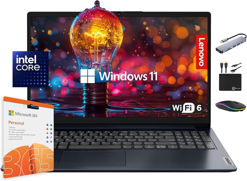 Lenovo IdeaPad Laptop Computer 2025, 15.6" Display, 8GB RAM, 884GB Storage (256GB SSD + 128GB eMMC + 500GB Ext), Intel Dual Core Processor, Long Battery, MarxsolAccessory, 1 Year Office 365, Win 11