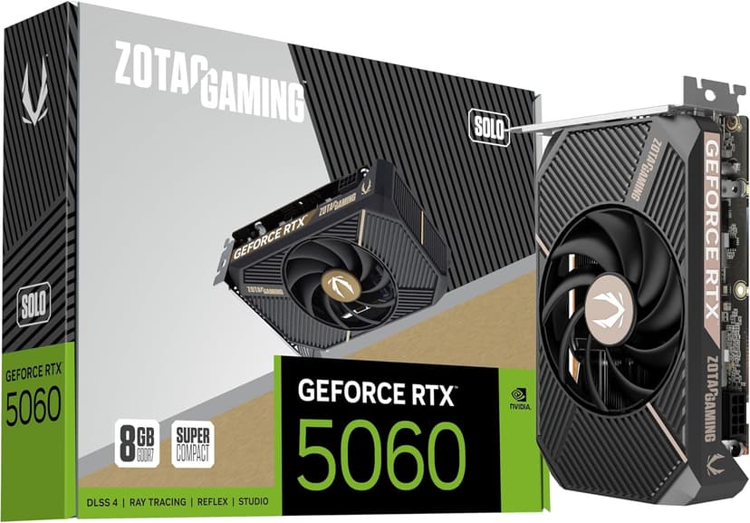 ZOTAC Gaming GeForce RTX 5060 Solo DLSS 4 8GB GDDR7 128-bit 28 Gbps PCIE 5.0 Gaming Graphics Card, SFF-Ready Ultra Compact Card, ZT-B50600G-10L