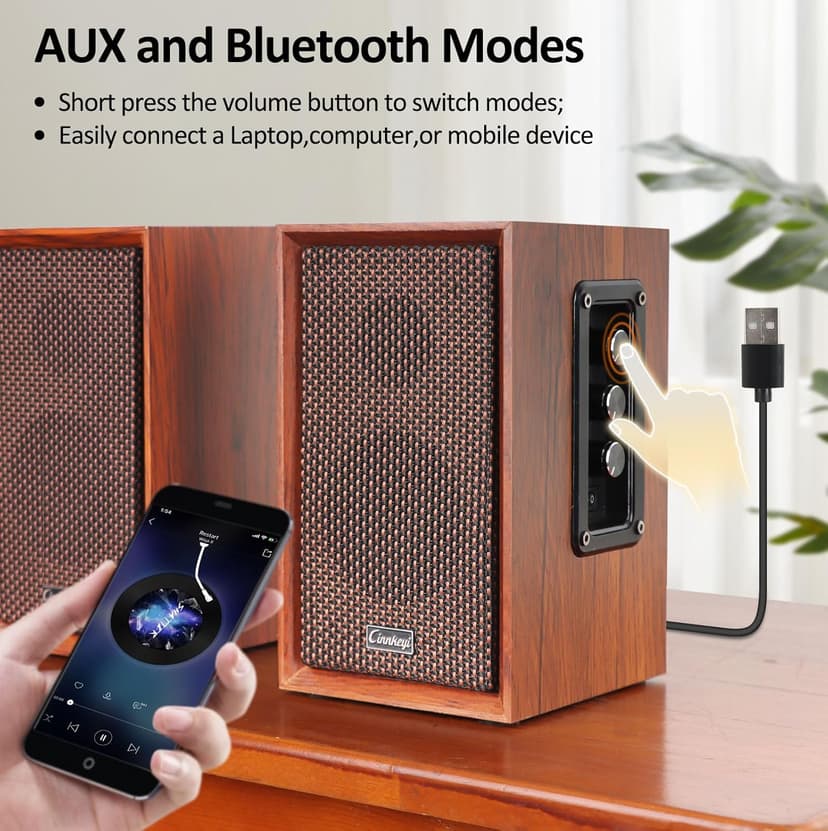 40W Computer Speakers,2.0 AC Powered Wooden PC Speakers with Strong Bass,7.28" X 2 AC Powered USB/Bluetooth Bookshelf Speakers with USB Input for DSP PC Speaker, Wooden Speaker for Laptop (C5201-US)