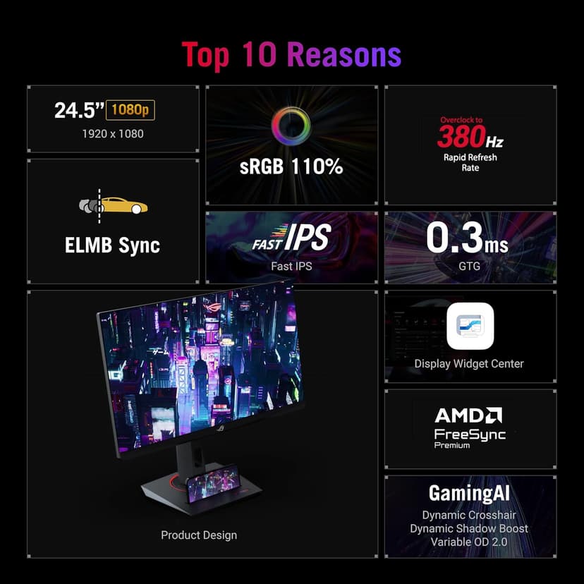 ASUS ROG Strix 25” (24.5” viewable) Esports Gaming Monitor (XG259QNS) - Full HD, 380Hz, 0.3ms, Fast IPS, Extreme Low Motion Blur Sync, FreeSync Premium, DisplayWidget, Ergonomic, 3 yr Warranty