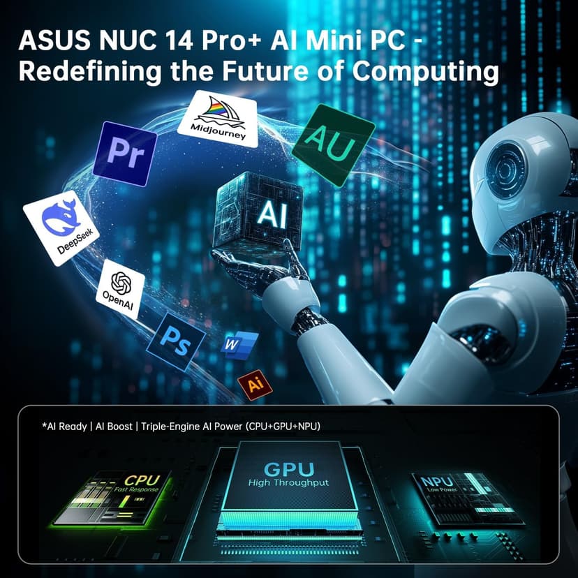 ASUS NUC 14 Pro+ AI Mini PC, Intel Core Ultra 7 155H Mini Desktop Computer, 16GB DDR5 RAM, 1TB PCIe SSD, Intel Arc GPU, Win 11 Pro, Thunderbolt 4, WiFi 6E, VESA Mount, Small PC for Work & Creativity