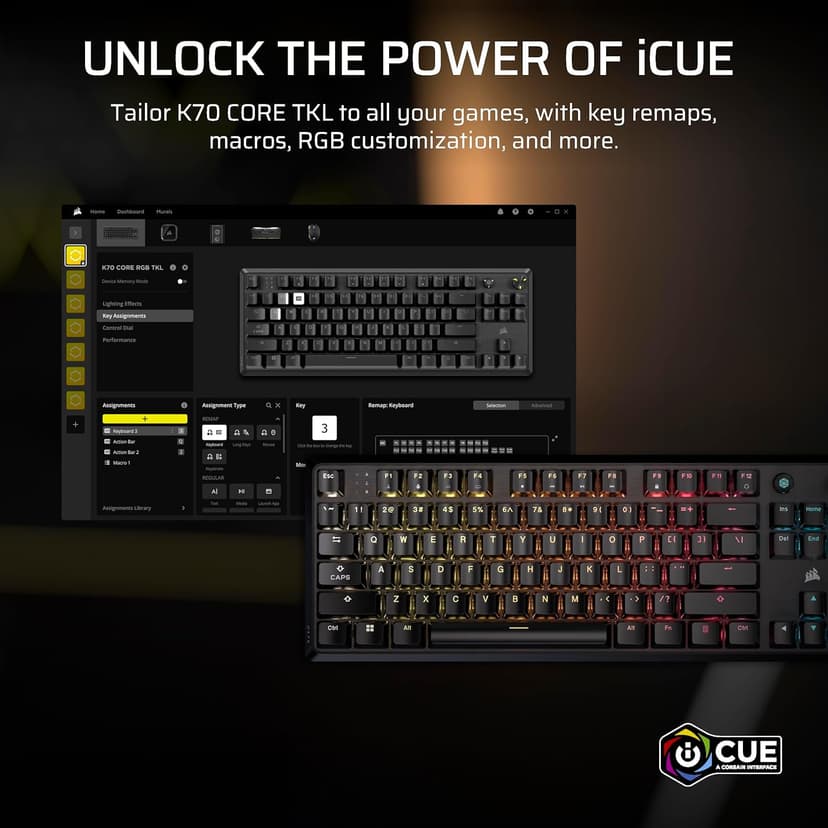 Corsair K70 CORE TKL RGB Tenkeyless Mechanical Wired Gaming Keyboard – Pre-Lubed MLX Red v2 Linear Switches, SOCD, ABS Double-Shot Keycaps, Sound Dampening, 1000Hz Polling, QWERTY NA – Black