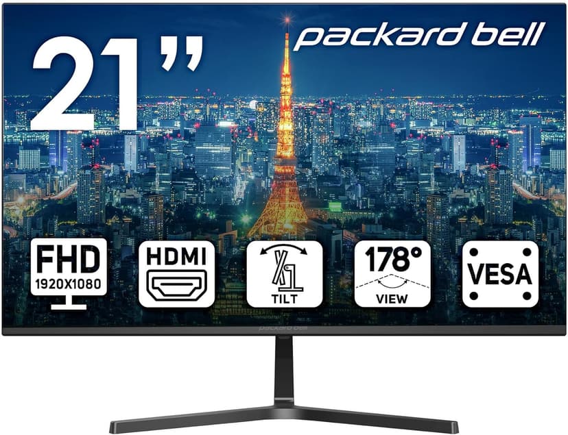 Packard Bell airFrame 21" FHD Monitor, 1920x1080, Ultrawide, VESA Mount Compatible, Tilt Adjustment, HDMI/VGA, Slim Bezel, for Home, Office, and Light Gaming