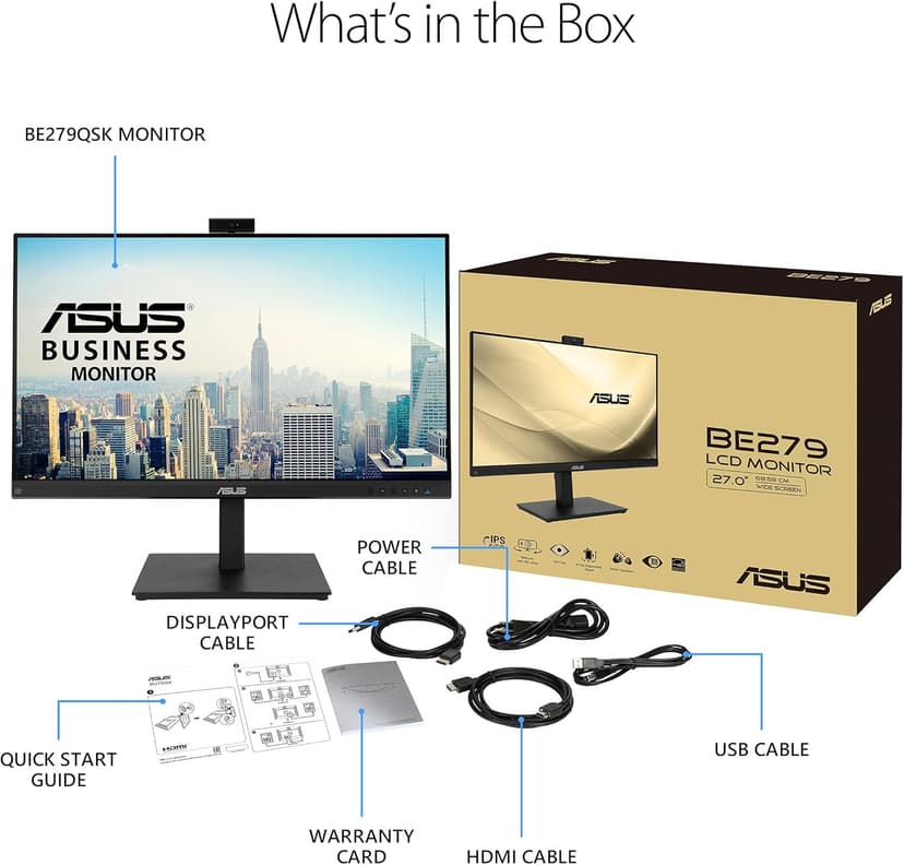 ASUS 27” 1080P Video Conference Monitor (BE279QSK) - Full HD, IPS, Built-in Adjustable 2MP Webcam, Mic Array, Speakers, Eye Care, Wall Mountable, Frameless, HDMI, DisplayPort, VGA, Height Adjustable