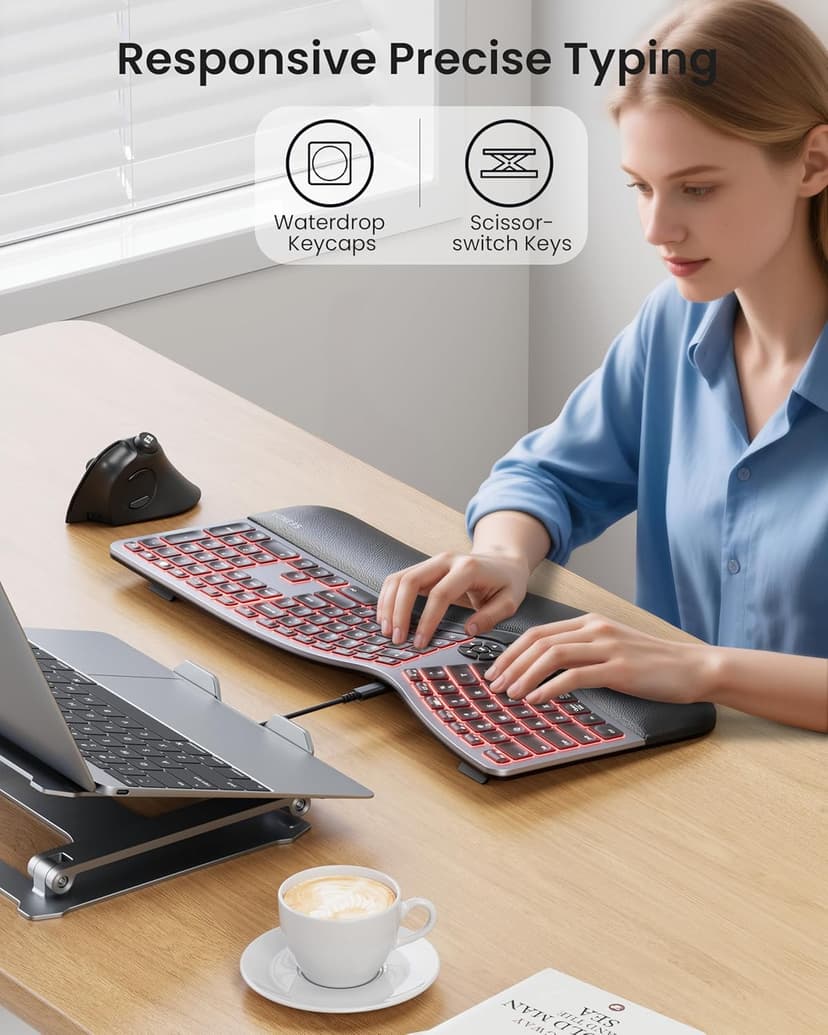 seenda 7-Color Backlit Wired Ergonomic Keyboard, KUW01 USB & Type-C Wired Split Keyboard, Cushioned Wrist Rest, Full Size with NumPad, Compatible for Windows, macOS, PC, Laptop, MacBook - Black Gray