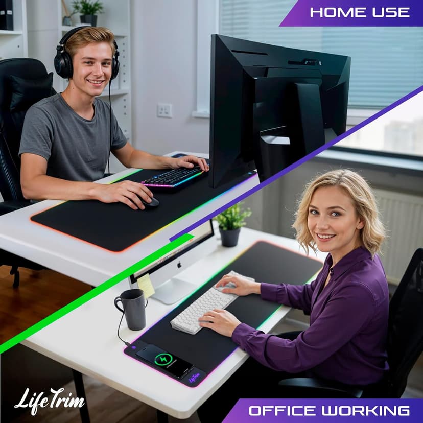 Wireless Charger LED Mousepad 35.5 x 12 Inch RGB Gaming Mouse Pad 10 Light Modes 4mm Thick Large Gaming Desk Pad Wireless Charging Cool Mouse Pad for PC Gaming Accessories & Gaming Gifts
