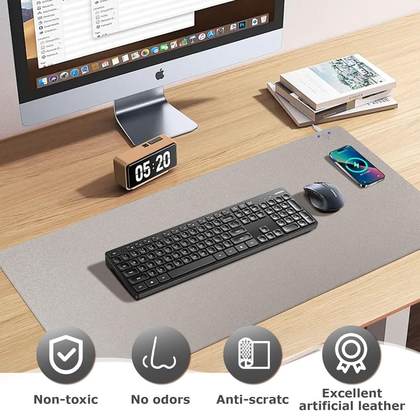 Wireless Charging Mouse Pad Firelison 2 in 1 Leather Multifunctional Office Desk Pad with Non-Slip Rubber Base, Waterproof Desk pad for Computers/Office/Work/Home/Decor（ 36" x 17"Grey - R）