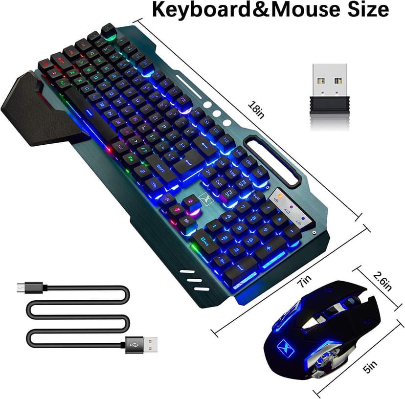 Wireless gaming Keyboard and Mouse,Rainbow Backlit Rechargeable Keyboard Mouse with 3800mAh Battery Metal Panel,Removable Hand Rest Mechanical Feel Keyboard and 7 Color Gaming Mute Mouse for PC Gamers
