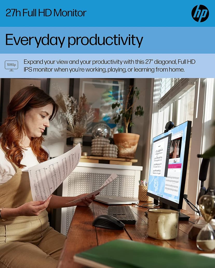 HP 27h Full HD Monitor - Diagonal - IPS Panel & 75Hz Refresh Rate - Smooth Screen - 3-Sided Micro-Edge Bezel - 100mm Height/Tilt Adjust - Built-in Dual Speakers - for Hybrid Workers,Black