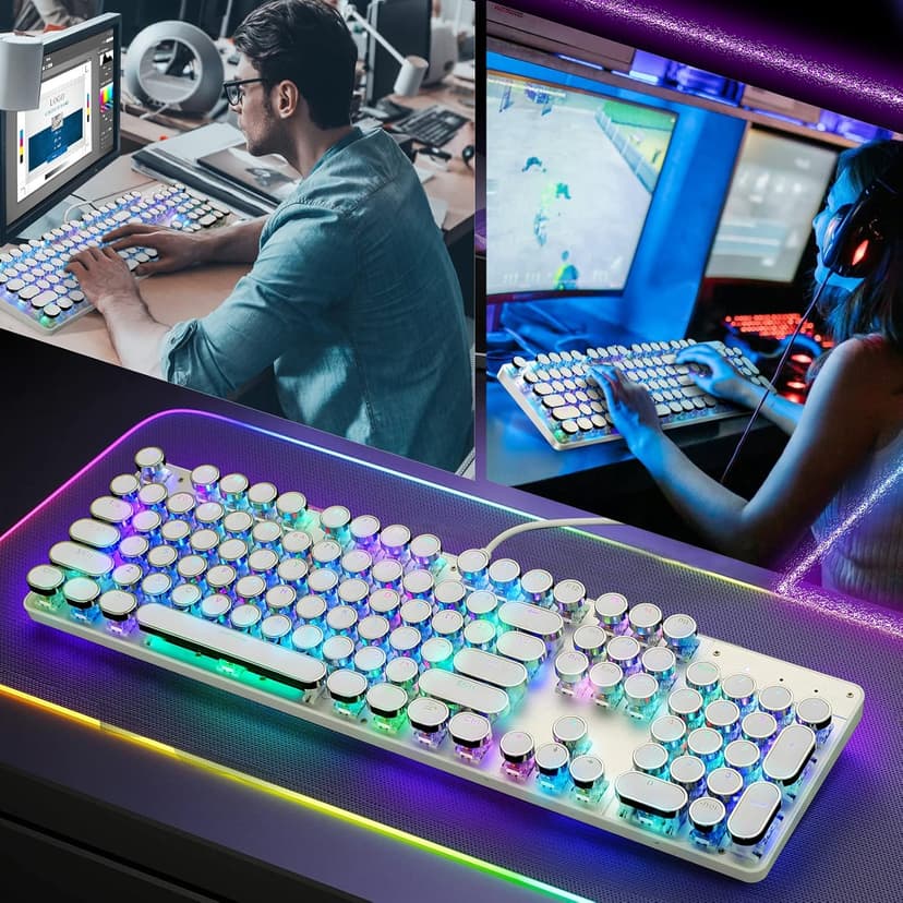Typewriter Style Mechanical Gaming Keyboard RGB Backlit Wired with Blue Switch Retro Round Keycap 104 Keys Keyboard (White 104 Keys RGB)