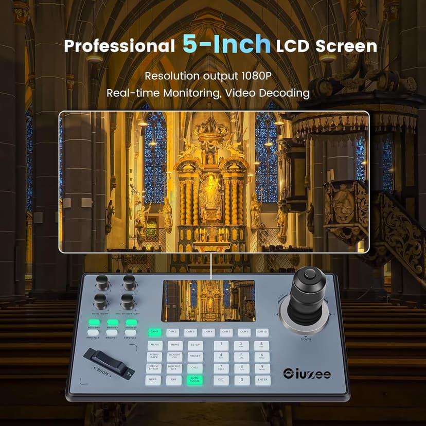 iuZee PTZ Camera Controller 4D Joystick PoE IP PTZ Keyboard Controller 5" LCD Screen Preview for Live Streaming Meeting Church Education, Support VISCA PELCO-P PELCO-D RS422 RS485 RS232 RJ45