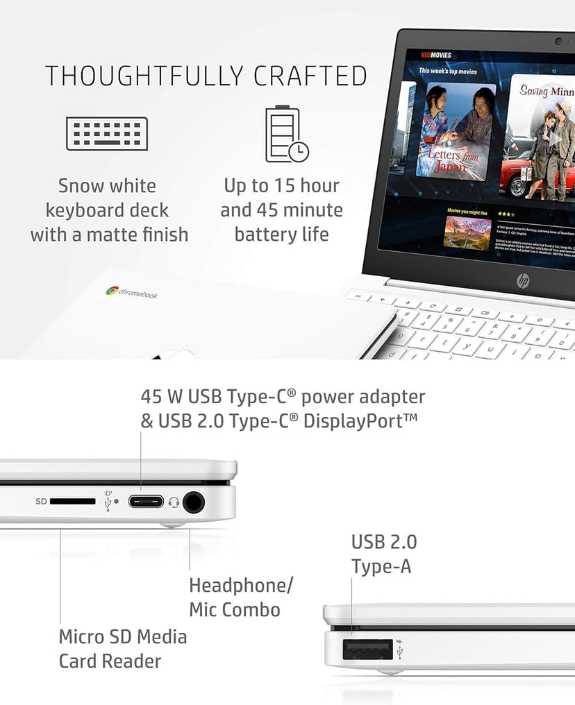 HP Chromebook 11-inch Laptop - Up to 15 Hour Battery Life - MediaTek - MT8183 - 4 GB RAM - 32 GB eMMC Storage - 11.6-inch HD Display - with Chrome OS™ - (11a-na0021nr, 2020 model, Snow White)