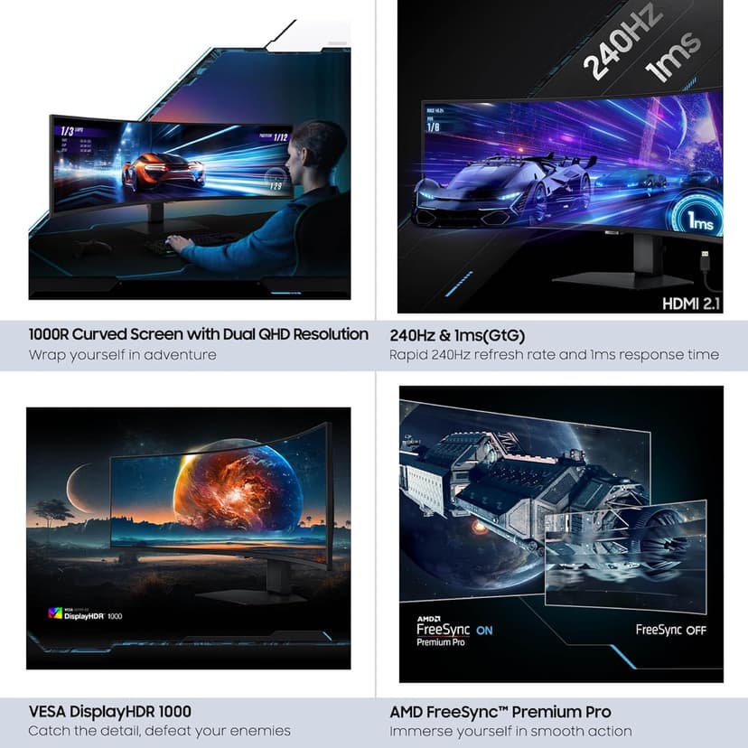 SAMSUNG 49” Odyssey G9 Series DQHD 1000R Curved Gaming Monitor, 1ms(GtG), VESA DisplayHDR 1000, 240Hz, AMD FreeSync Premium Pro, Height Adjustable Stand, Ultrawide Screen, LS49CG954ENXZA, 2024