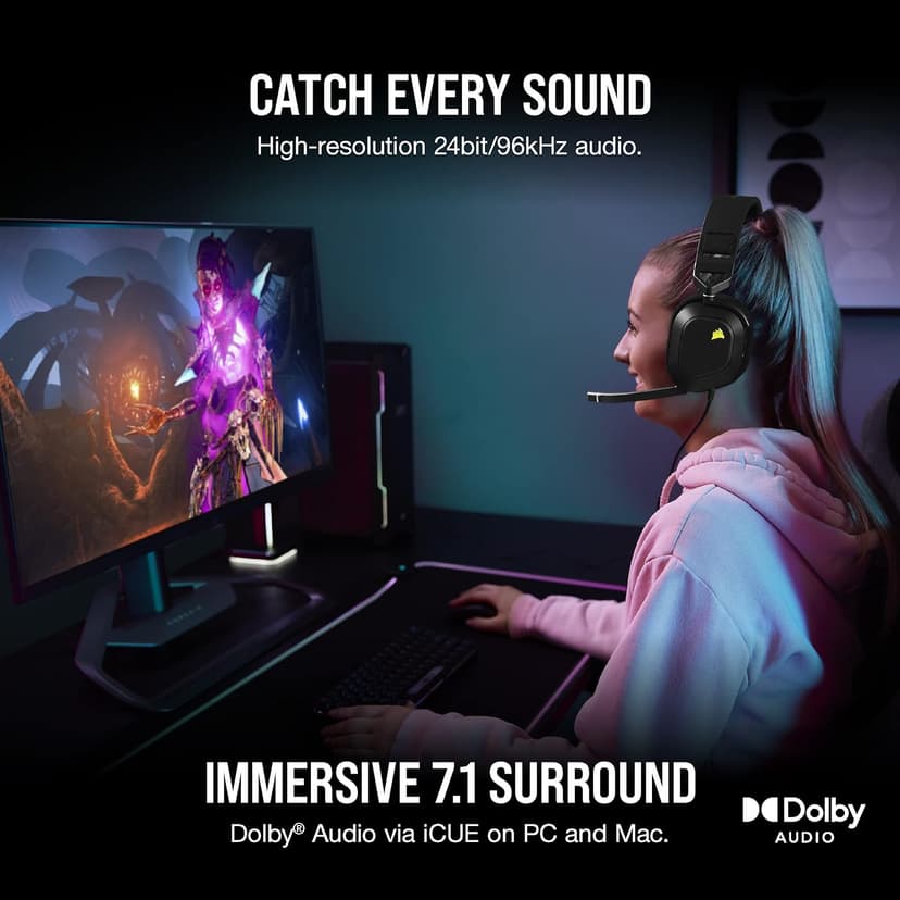 Corsair HS80 RGB USB Premium Gaming Headset with Dolby Audio 7.1 Surround Sound (Broadcast-Grade Omni-Directional Microphone, Memory Foam Earpads, High-Fidelity Sound, Durable Construction) Carbon