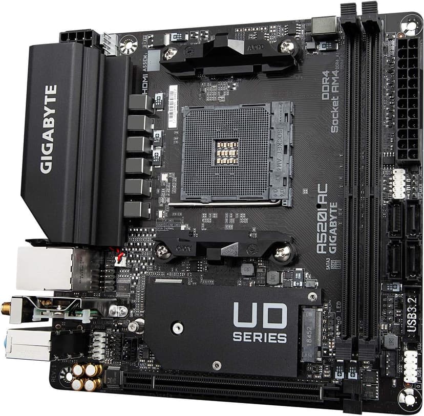 Gigabyte A520I AC (AMD Ryzen AM4/Mini-ITX/Direct 6 Phases Digital PWM with 55A DrMOS/Gaming GbE LAN/Intel WiFi+Bluetooth/NVMe PCIe 3.0 x4 M.2/3 Display Interfaces/Q-Flash Plus/Motherboard)