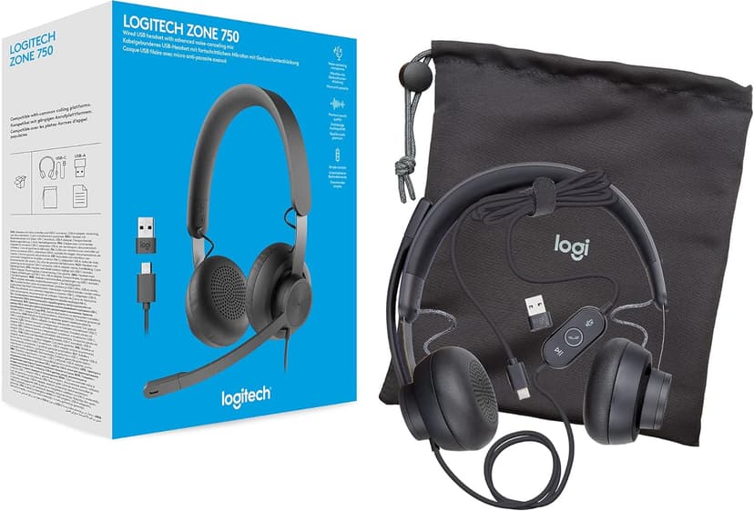 Logitech Zone 750 Wired On-Ear Headset with Advanced Noise-canceling Microphone, Simple USB-C and Included USB-A Adapter, Plug-and-Play Compatibility for All Devices