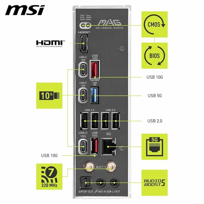 msi MAG B850 Tomahawk MAX WiFi V1 Motherboard, ATX - Supports AMD Ryzen 9000/8000 / 7000 Processors, AM5-80A SPS VRM, DDR5 Memory Boost 8400+ MT/s (OC), PCIe 5.0 x16, M.2 Gen5, Wi-Fi 7, 5G LAN