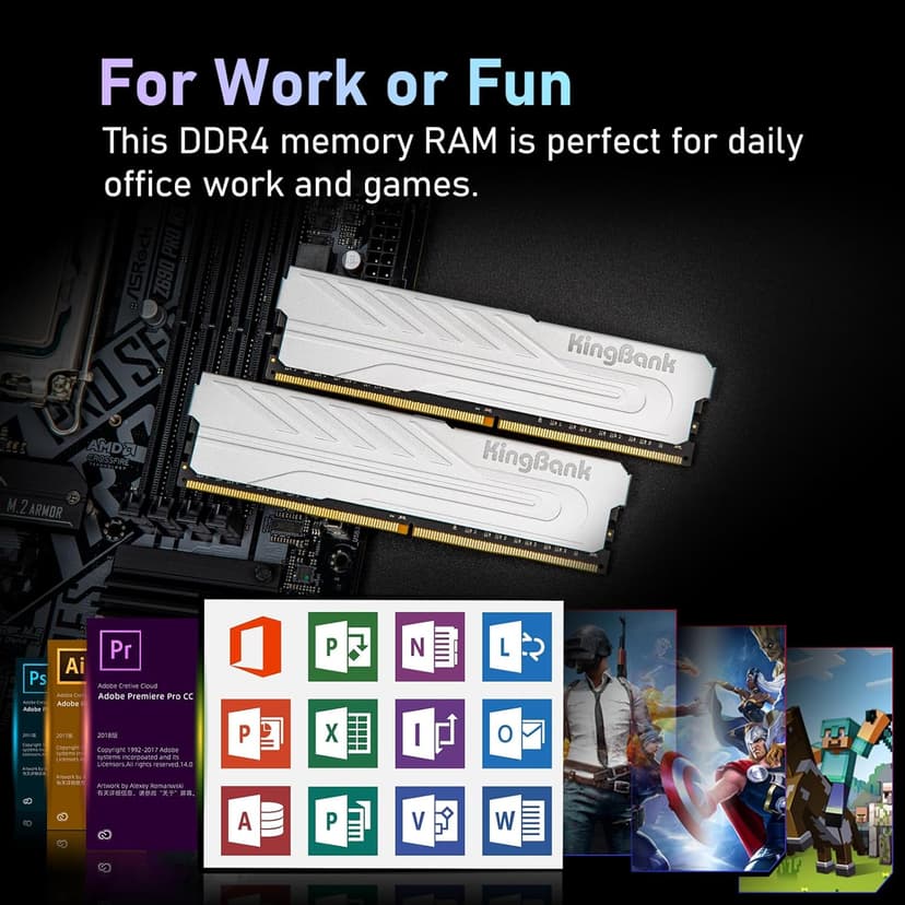 Computer Desktop Memory Ram DDR4 32GB(2x16GB) 3600MHZ CL18 1.35V XMP2.0 Overclocking with Heatsink for PC Gaming/Office/PS,Silver