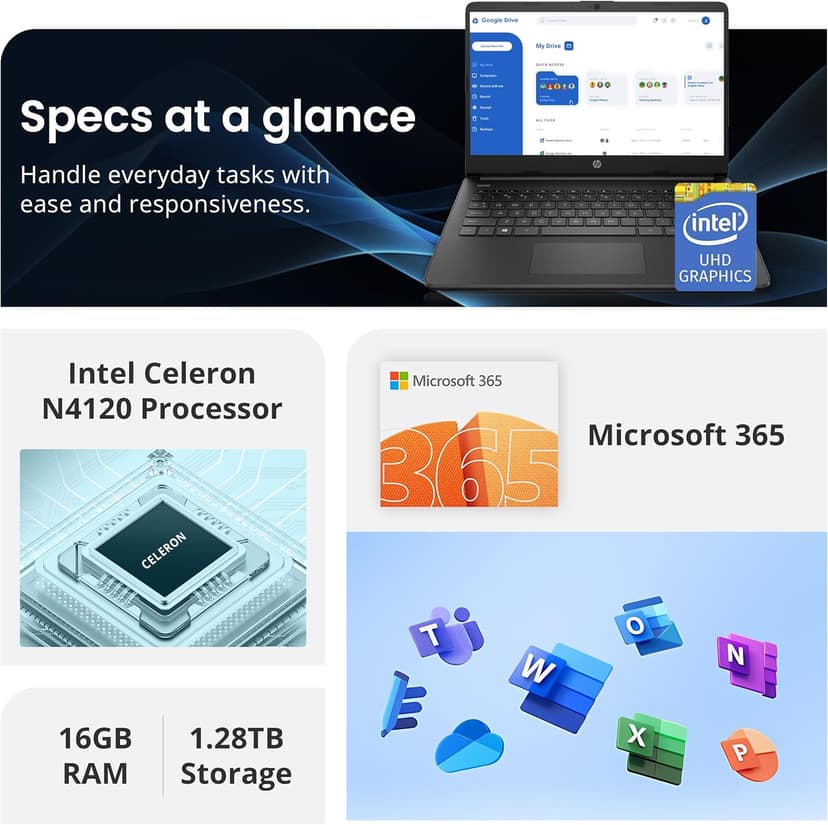 HP Flagship 14" HD Laptop with 1 Year Office 365 | 16GB RAM | 1.28TB Storage(128GB EMMC & 160GB Docking Station Set & 1TB Cloud Storage) | Intel 4-Core Processor | Webcam | Wi-Fi | Windows 11 | Black